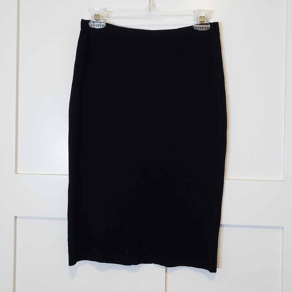 Calvin Klein Skirt Black Knit Pencil Sparkly Metallic Sequins Hem Size XS